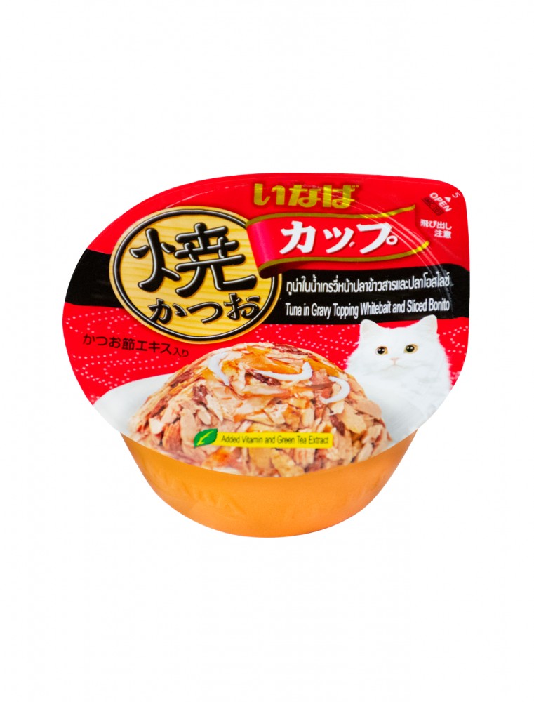 Ciao Grilled Cup 70g Tuna Topping Whitebait & Sliced Bonito In Gravy Wet Cat Food