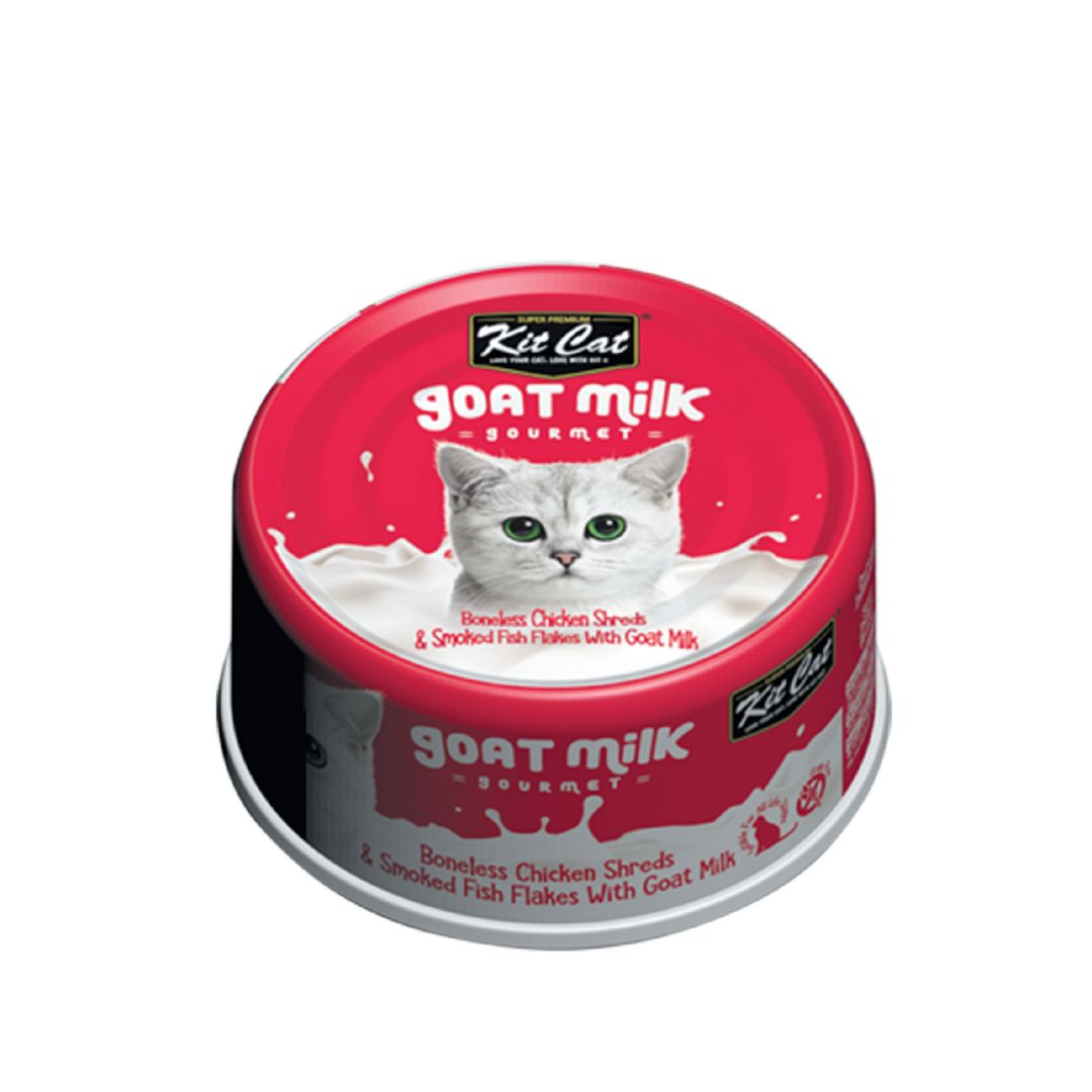 Kit Cat 70g Goat Milk Gourmet Boneless Chicken Shreds & Smoked Fish Flakes With Goat Milk Wet Cat Food