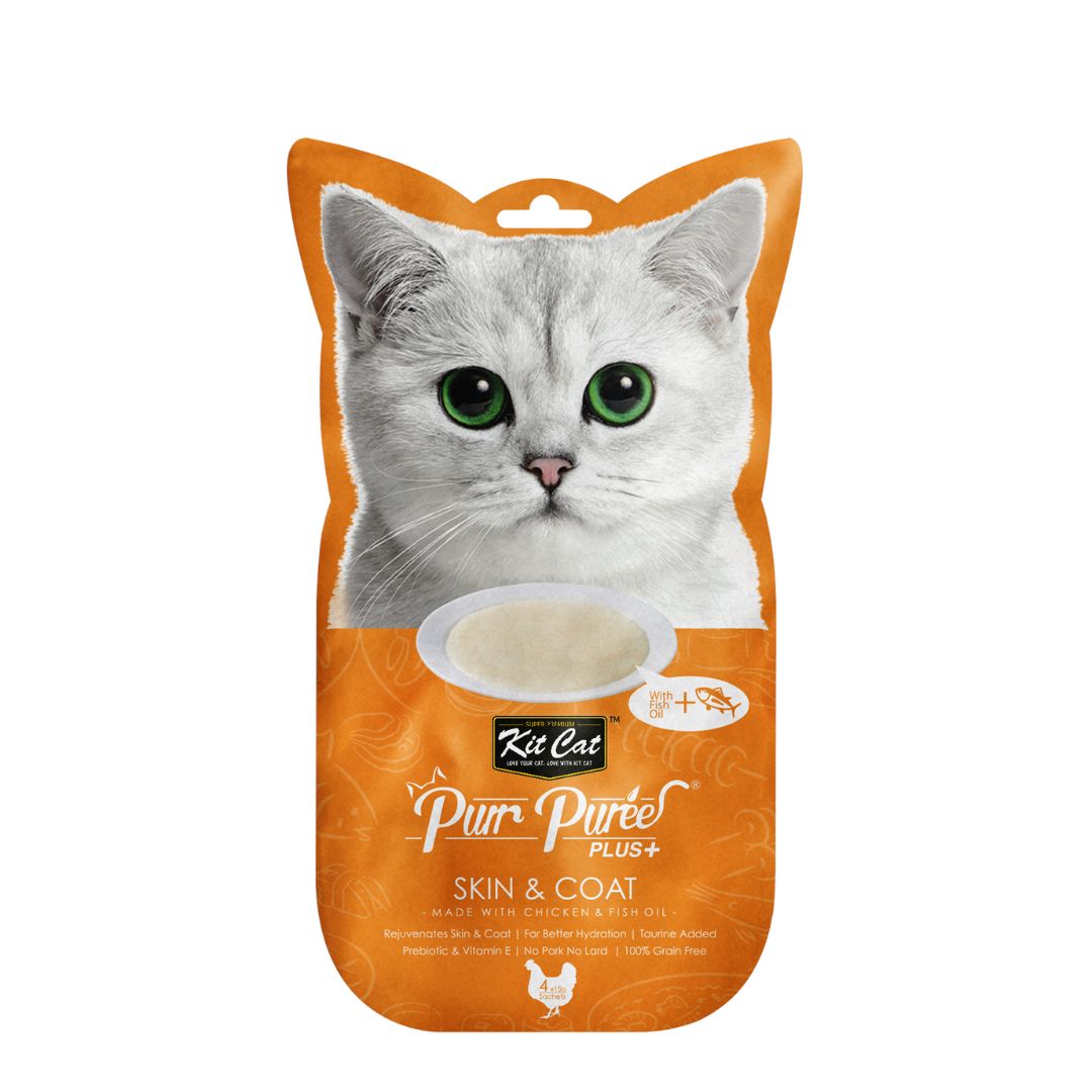 (exp: 09 Aug 2026) Kit Cat 4x15g Purr Puree Plus+ Chicken & Fish Oil (skin & Coat) Cat Treat