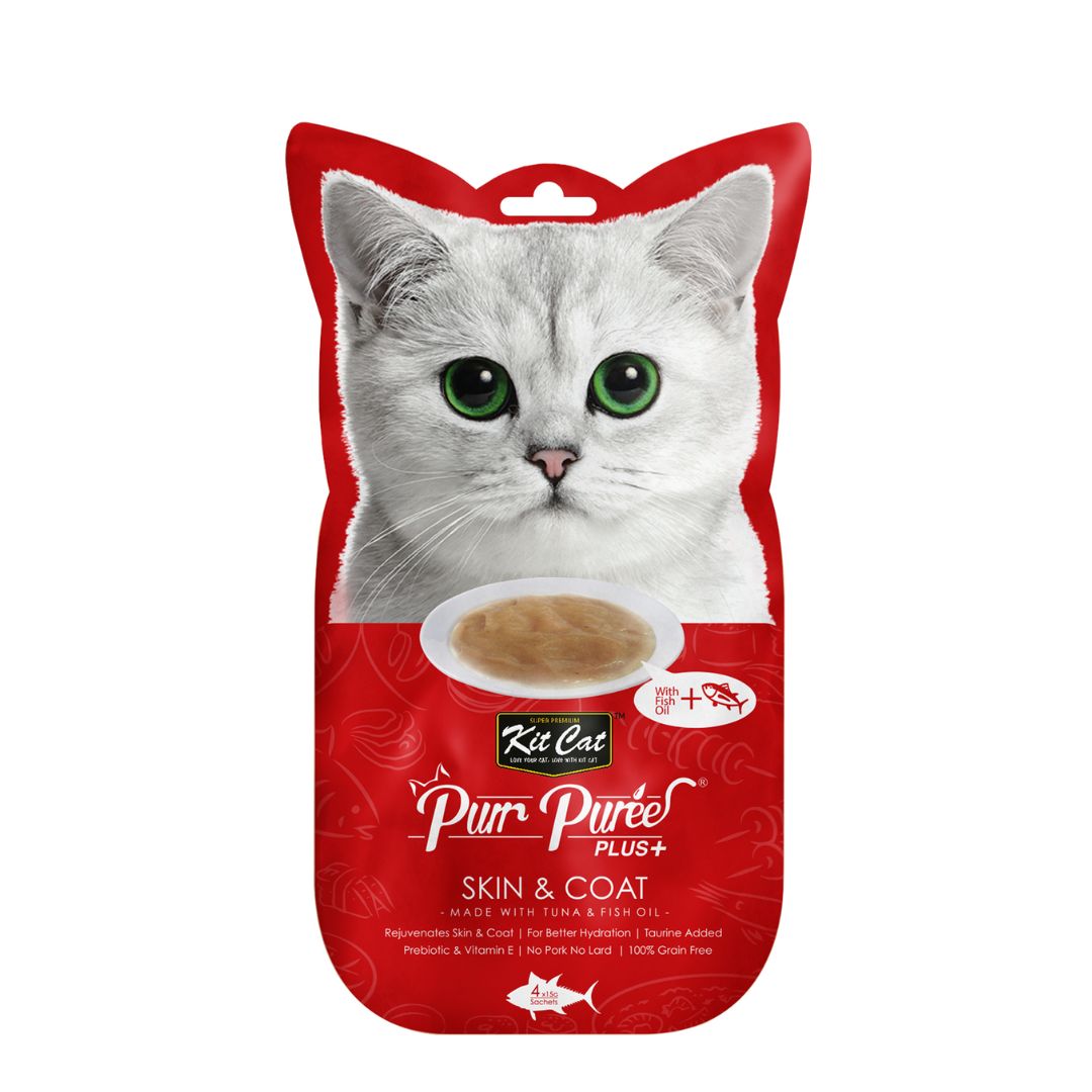 Kit Cat 4x15g Purr Puree Plus+ Tuna & Fish Oil (skin & Coat) Cat Treat