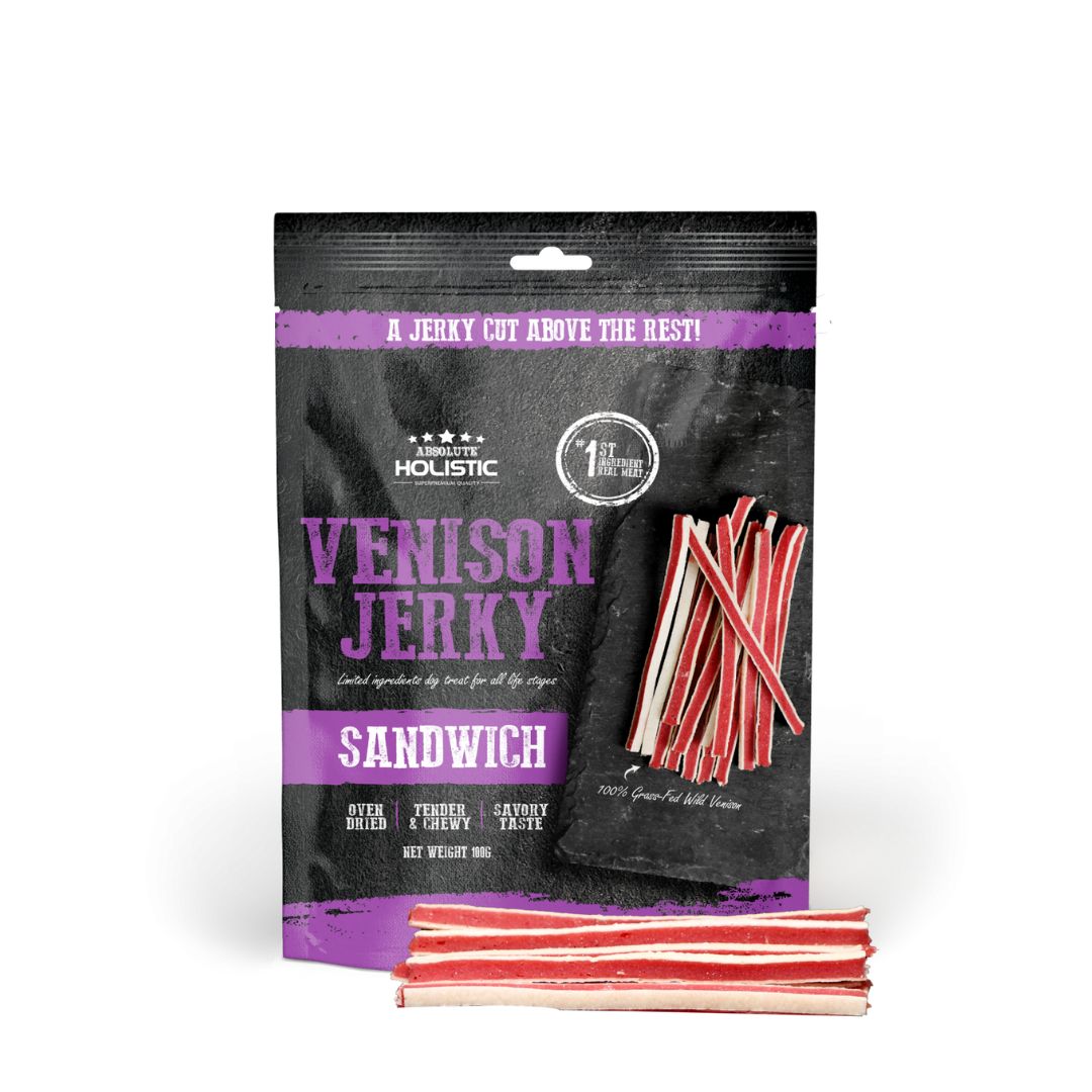 (exp: 14 Oct 2025) Absolute Holistic Dog 100g Jerky Venison Sandwich Dog Treat