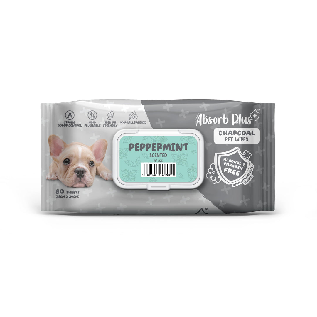 Absorb Plus Charcoal Pet Wipes 80 Sheets (15cm X 20cm) Peppermint