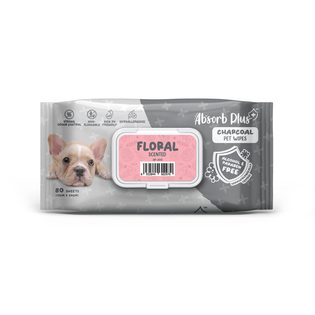 Absorb Plus Charcoal Pet Wipes 80 Sheets (15cm X 20cm) Floral