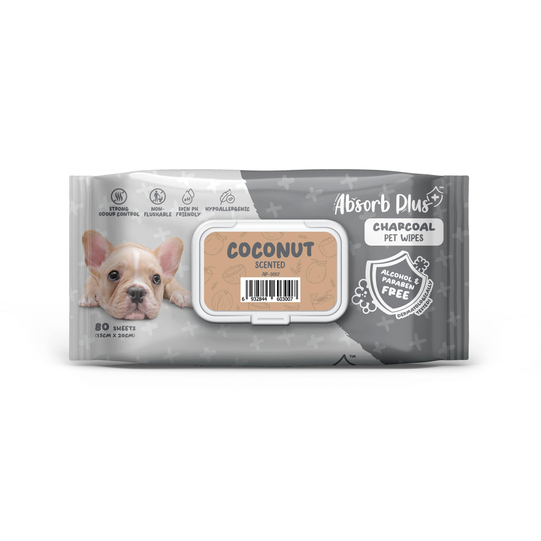 Absorb Plus Charcoal Pet Wipes 80 Sheets (15cm X 20cm) Coconut