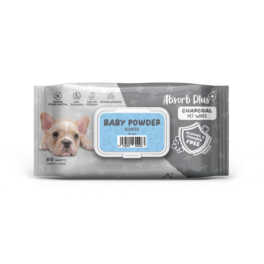 Absorb Plus Charcoal Pet Wipes 80 Sheets (15cm X 20cm) Baby Powder