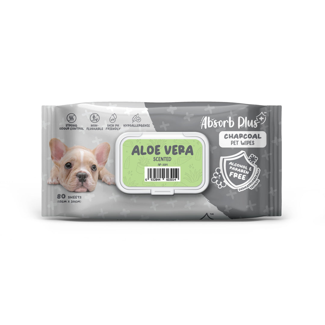 Absorb Plus Charcoal Pet Wipes 80 Sheets (15cm X 20cm) Aloe Vera