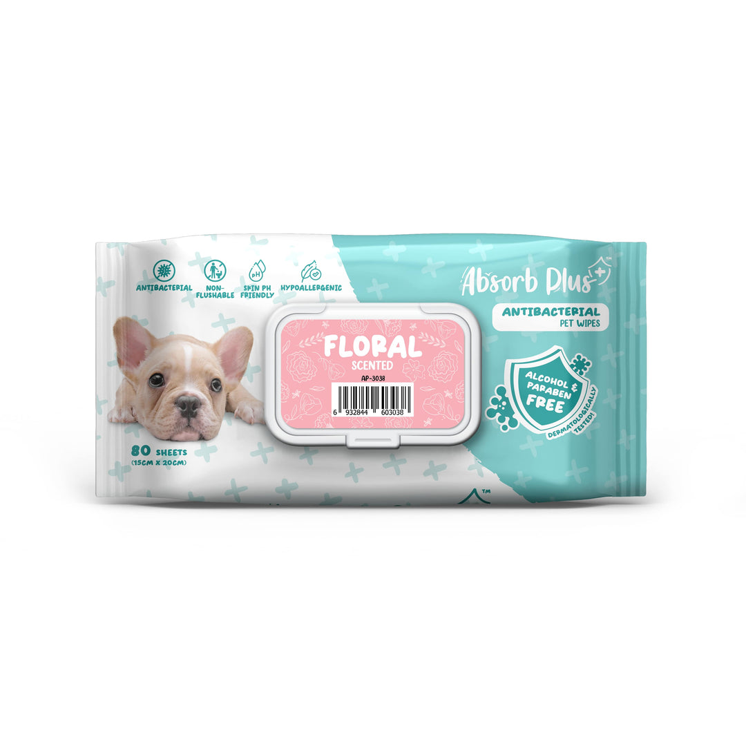 Absorb Plus Antibacterial Pet Wipes 80 Sheets (15cm X 20cm) Floral