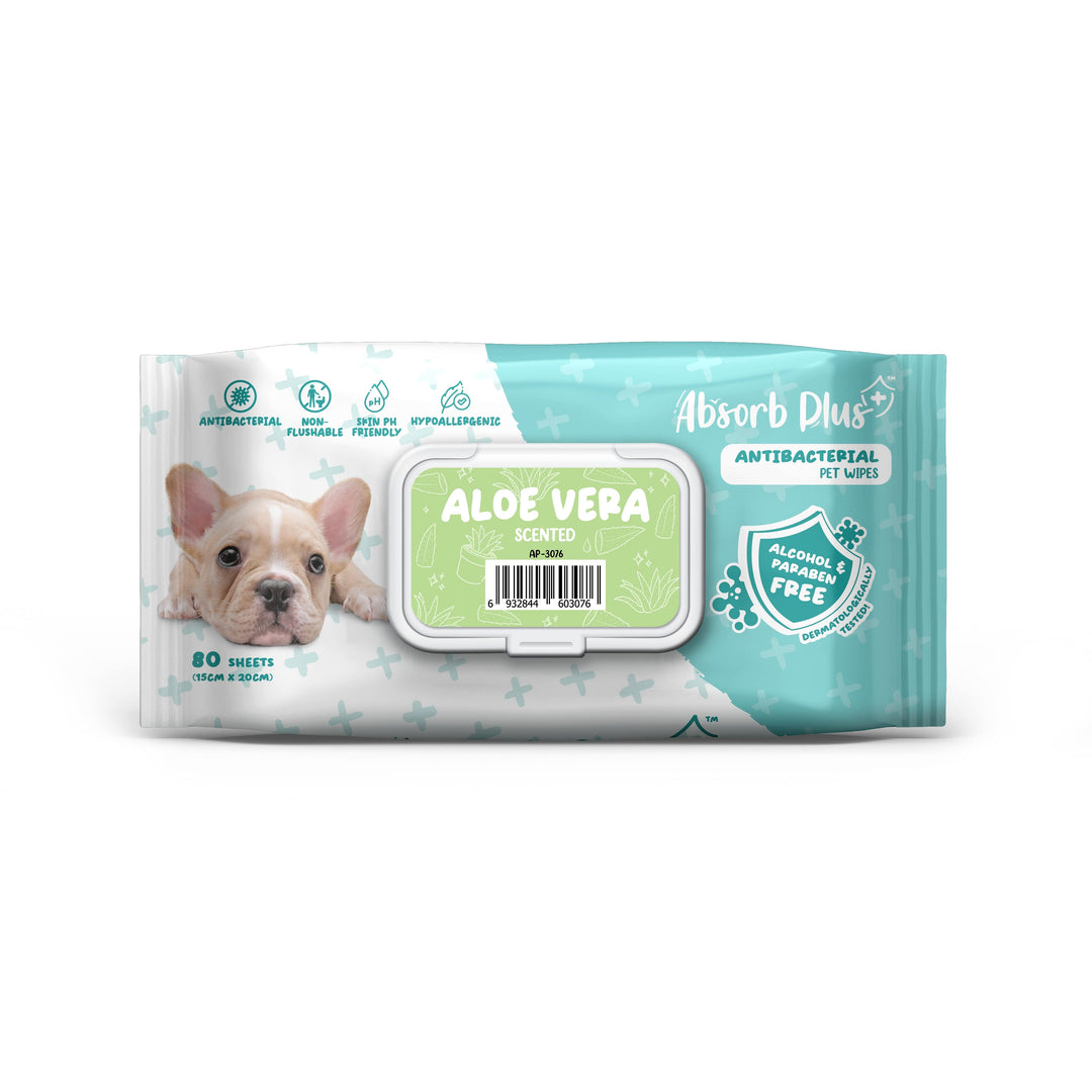 Absorb Plus Antibacterial Pet Wipes 80 Sheets (15cm X 20cm) Aloe Vera